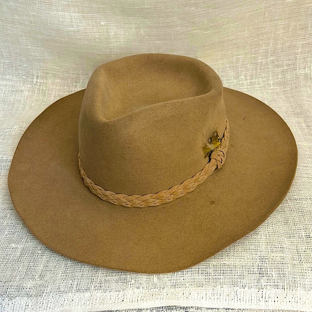 Vintage Akubra Snowy River Hat, Sz 56. Fur, Leather & Feather Accent
